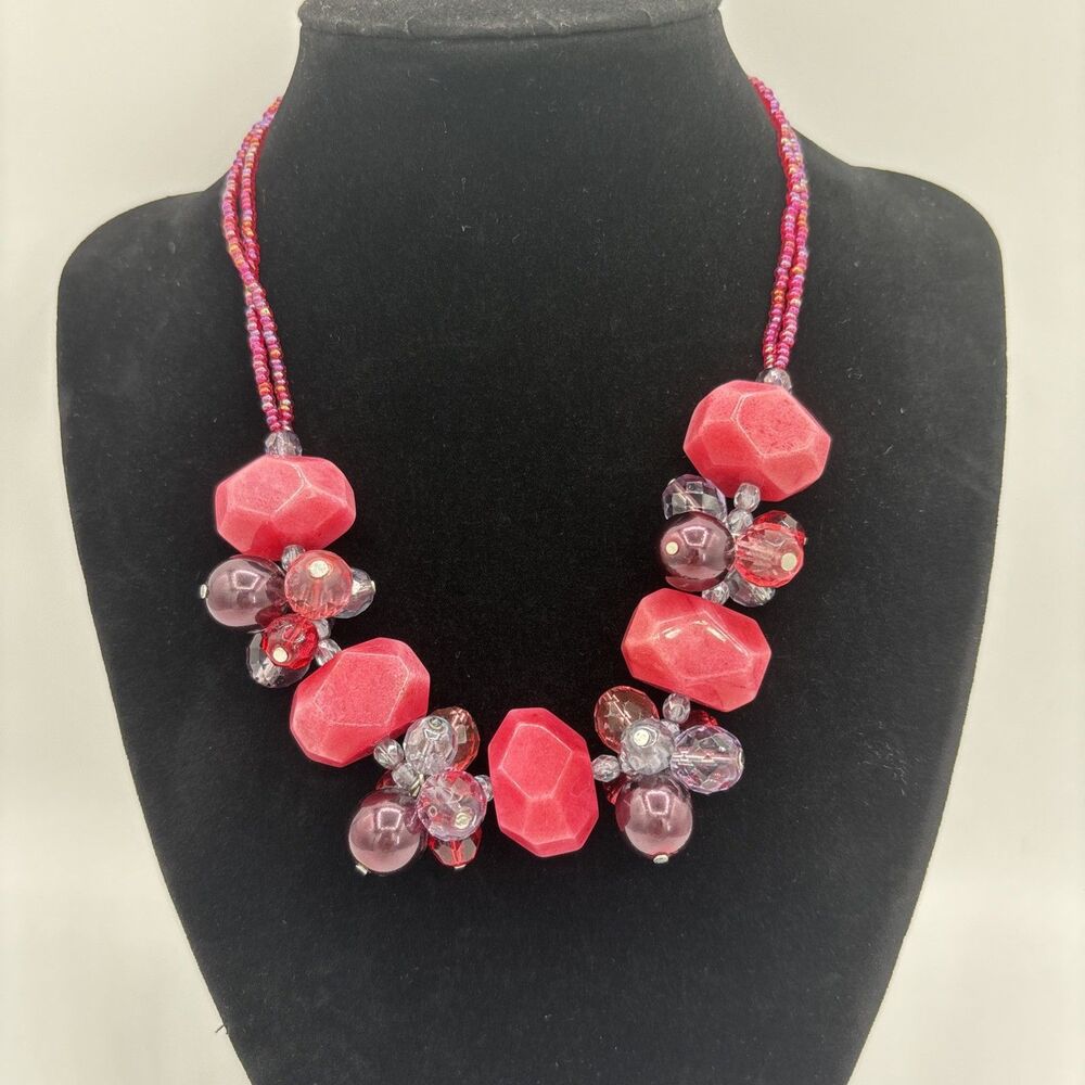 Chunky Beaded Necklace Pink Purple Bold Statement 16" USA Made Signed